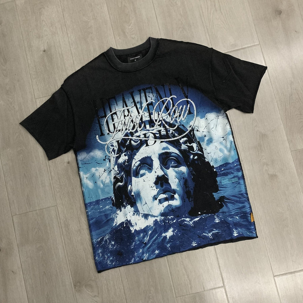 FIRST ROW Distressed Rhinestone Graphic T-Shirt — front