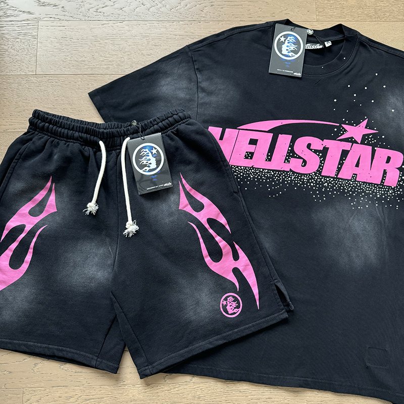 Hellstar Pink Wordmark T-Shirt and Flame Shorts Set — front