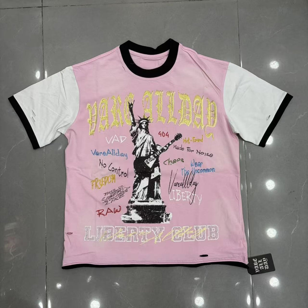 VARE ALL DAY Pink Contrast-Sleeve Graphic T-Shirt — hero