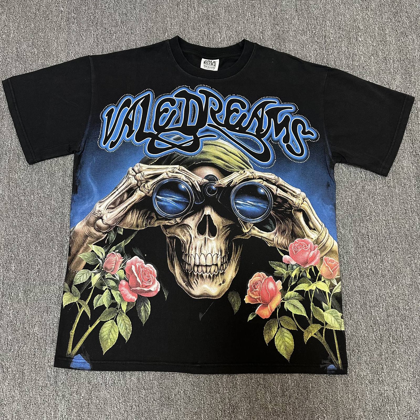 VALE USA Skull & Roses Rhinestone Short-Sleeve T-Shirt — front