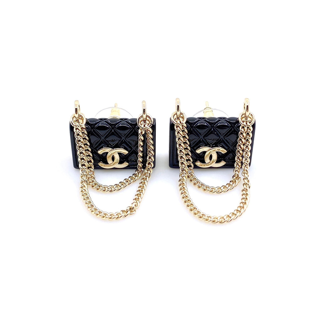 18K  Chanel Black Bag Pendant Earrings