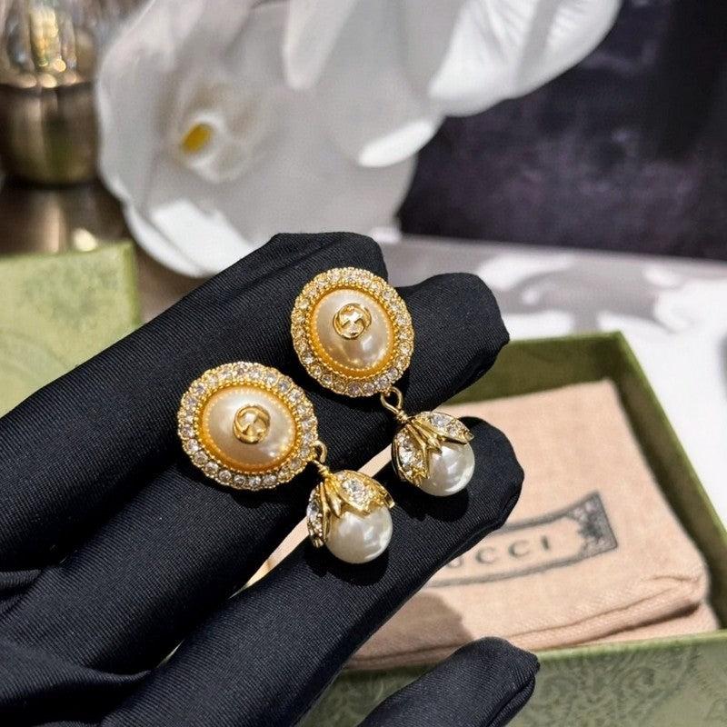 18K Double Gucci Flower Pearl Earrings