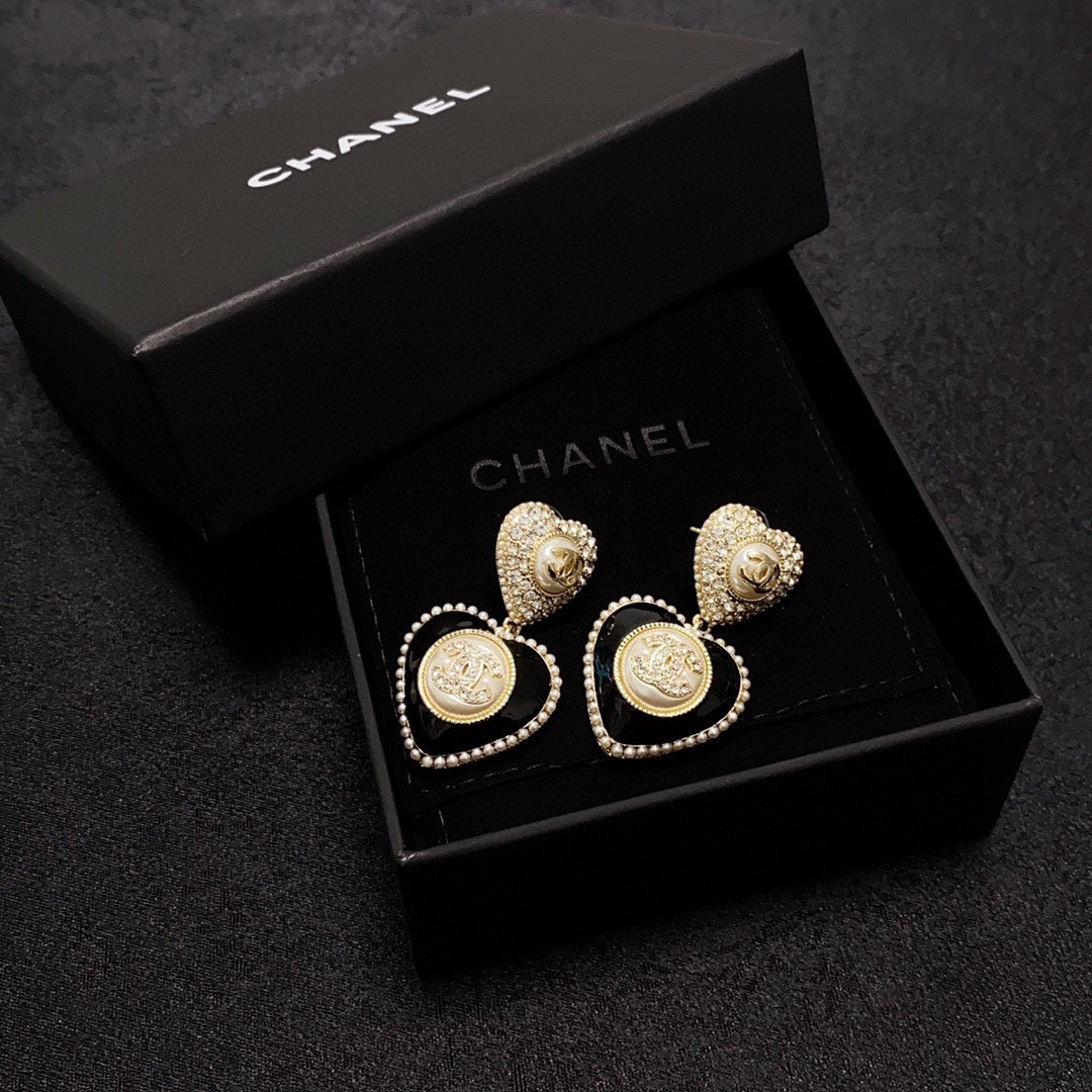 18K  Chanel Black Heart Earrings