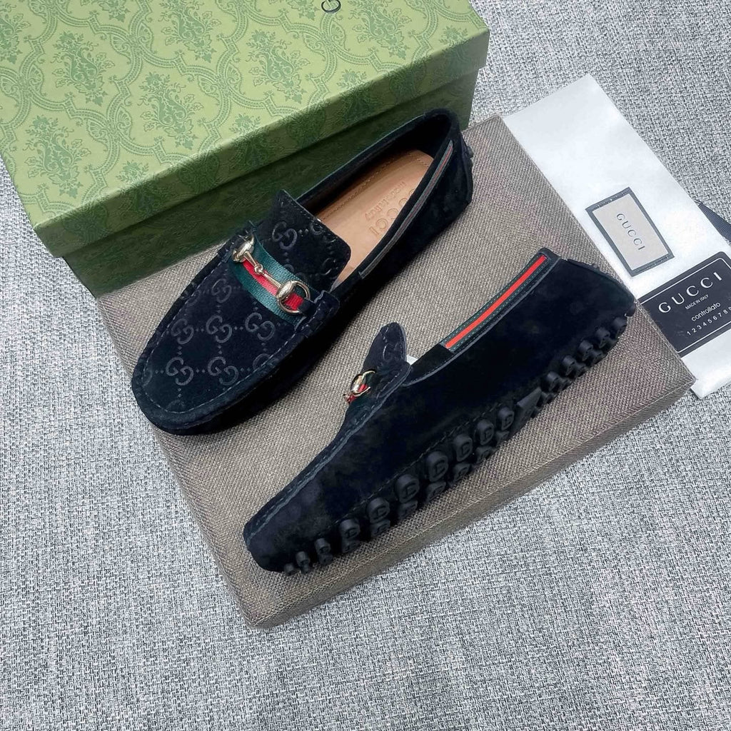 Gucci Black Patterned Loafers with Green and Red Accents — side