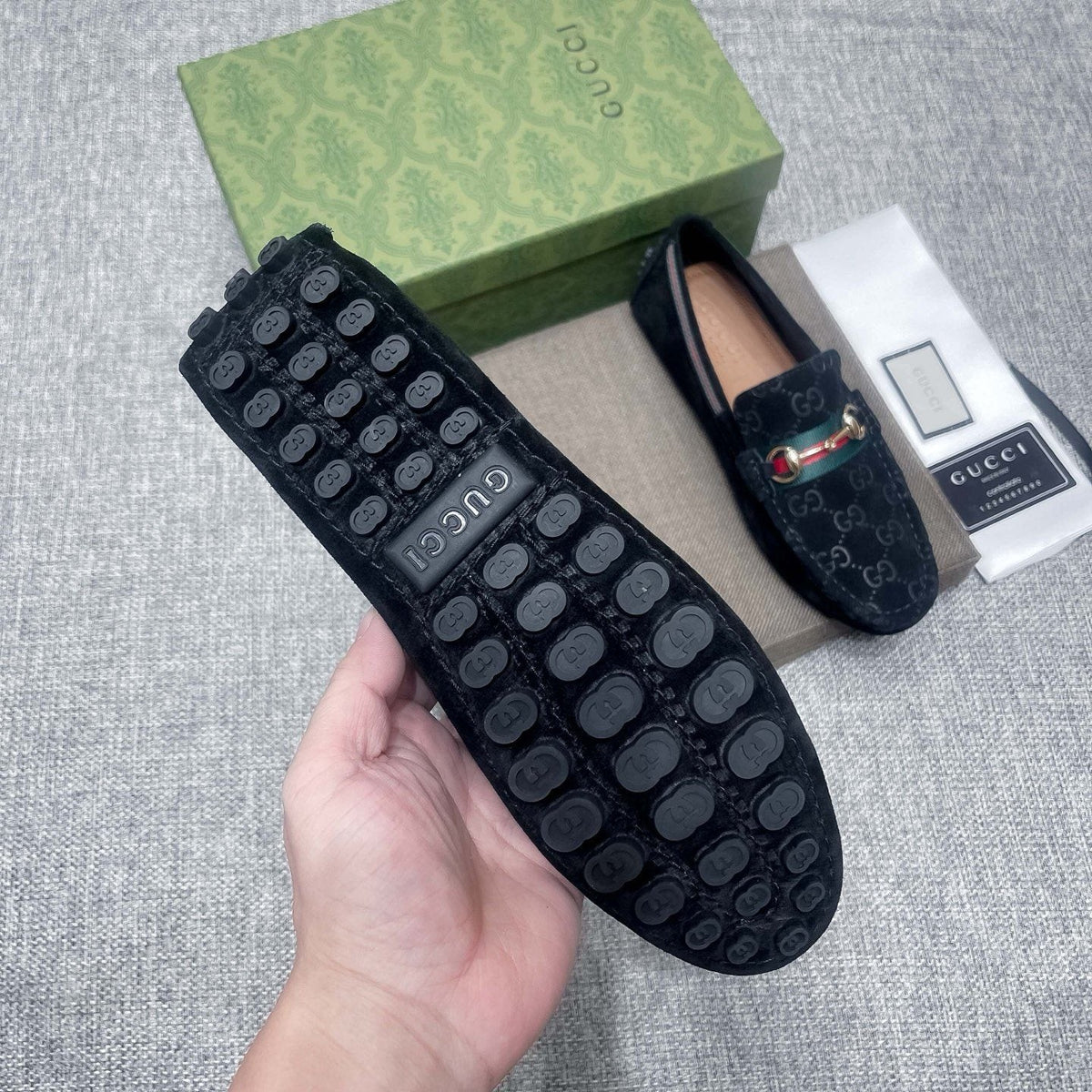 Gucci Black Patterned Loafers with Green and Red Accents — detail