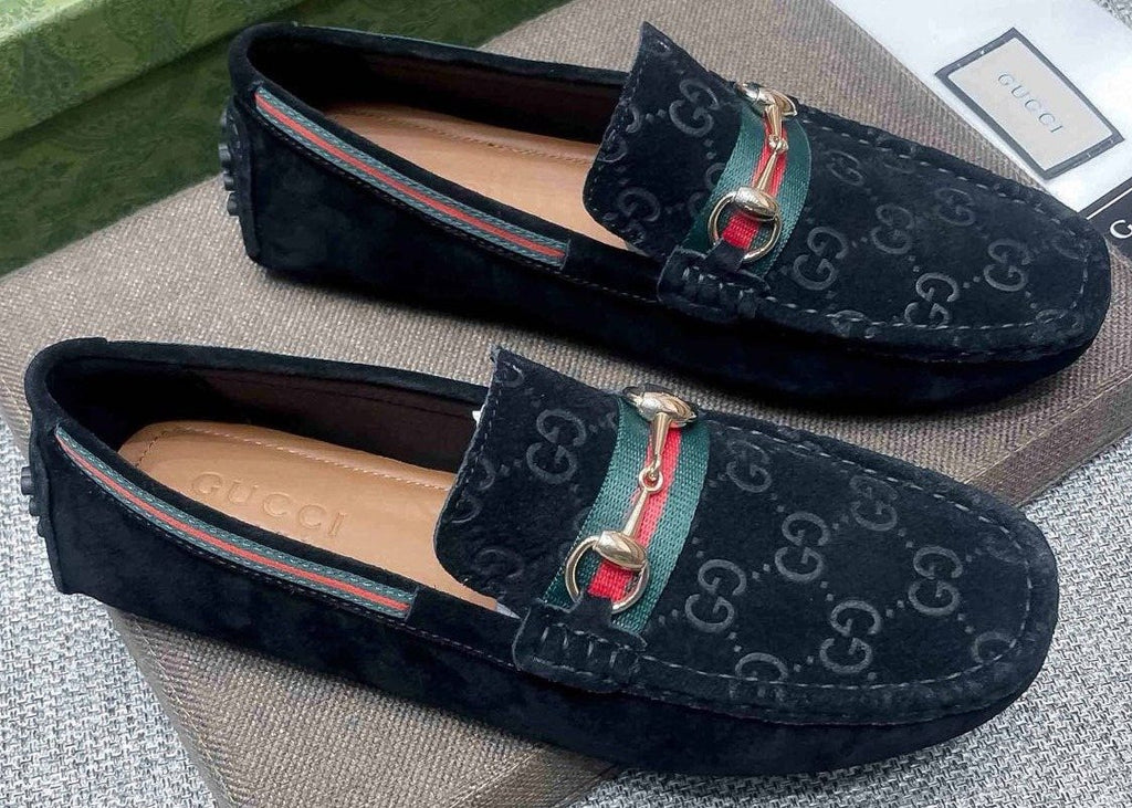 Gucci Black Patterned Loafers with Green and Red Accents — hero