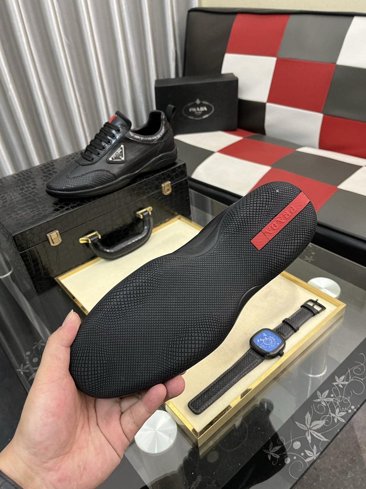 Prada Black Textured Low-Top Sneakers — detail
