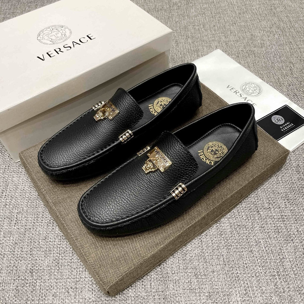 Versace Men's Black Loafers with Gold-Tone Hardware — front