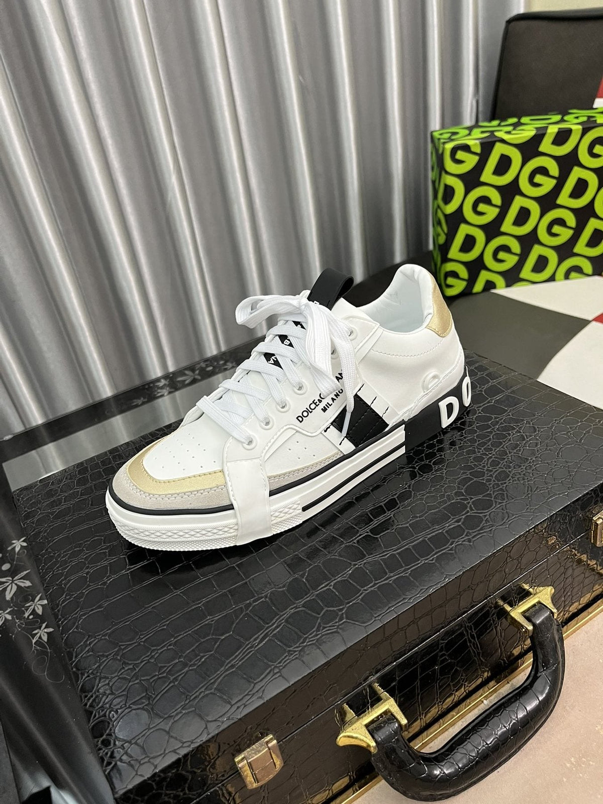 Dolce & Gabbana White, Cream & Black Lace-Up Sneakers — front