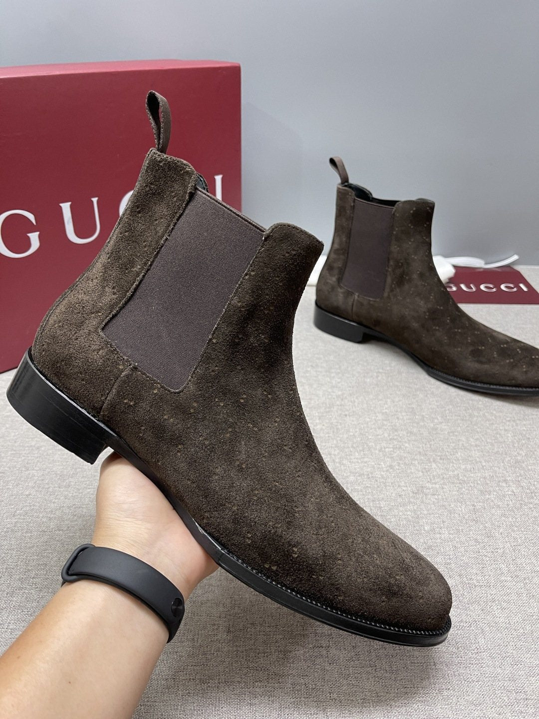 Gucci Dark Brown Textured Chelsea Boots — model