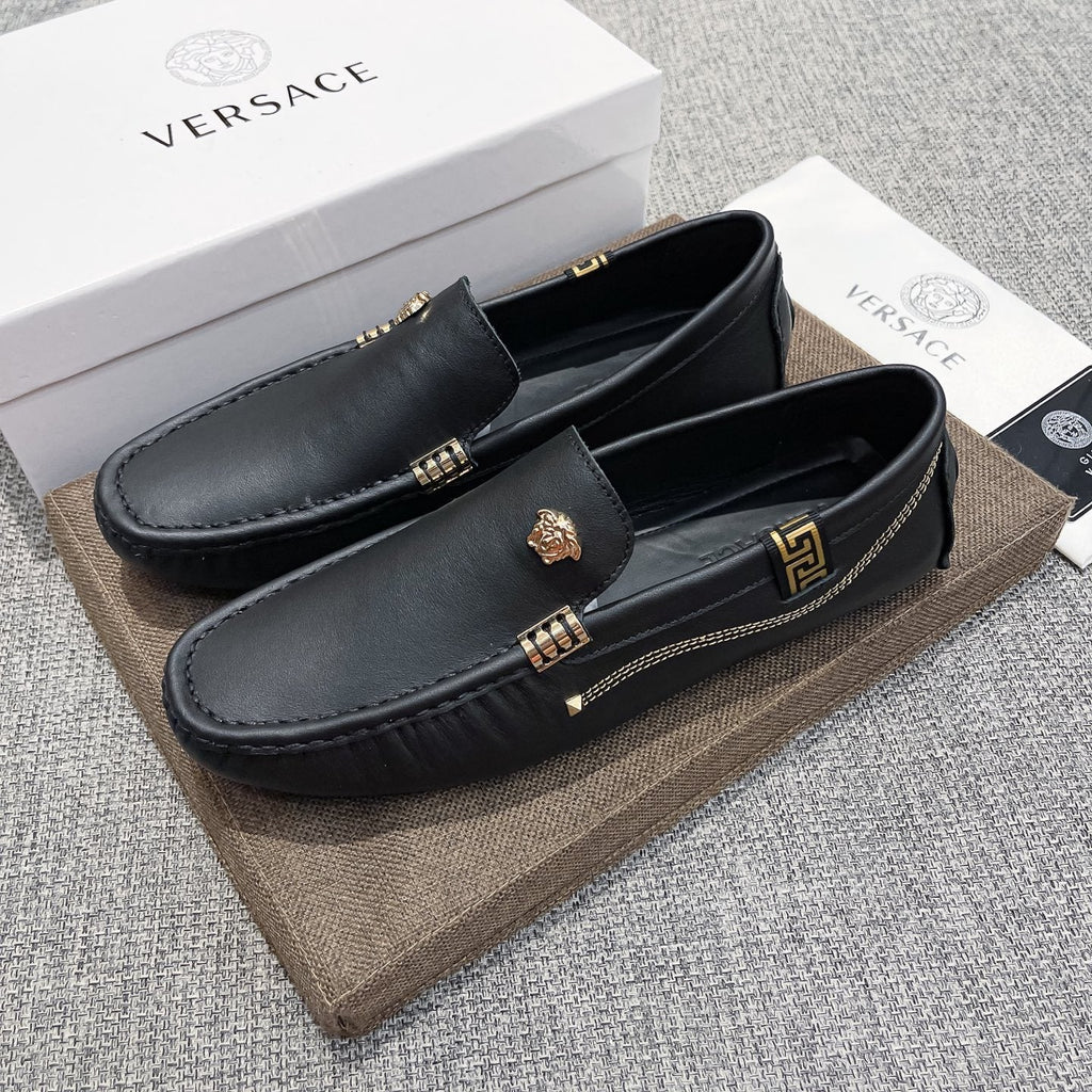 Versace Black Leather Loafers with Gold-Tone Accents — front