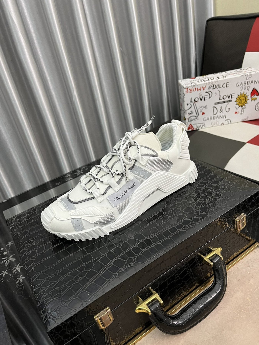 Dolce & Gabbana White and Light Gray Chunky Sneakers — front