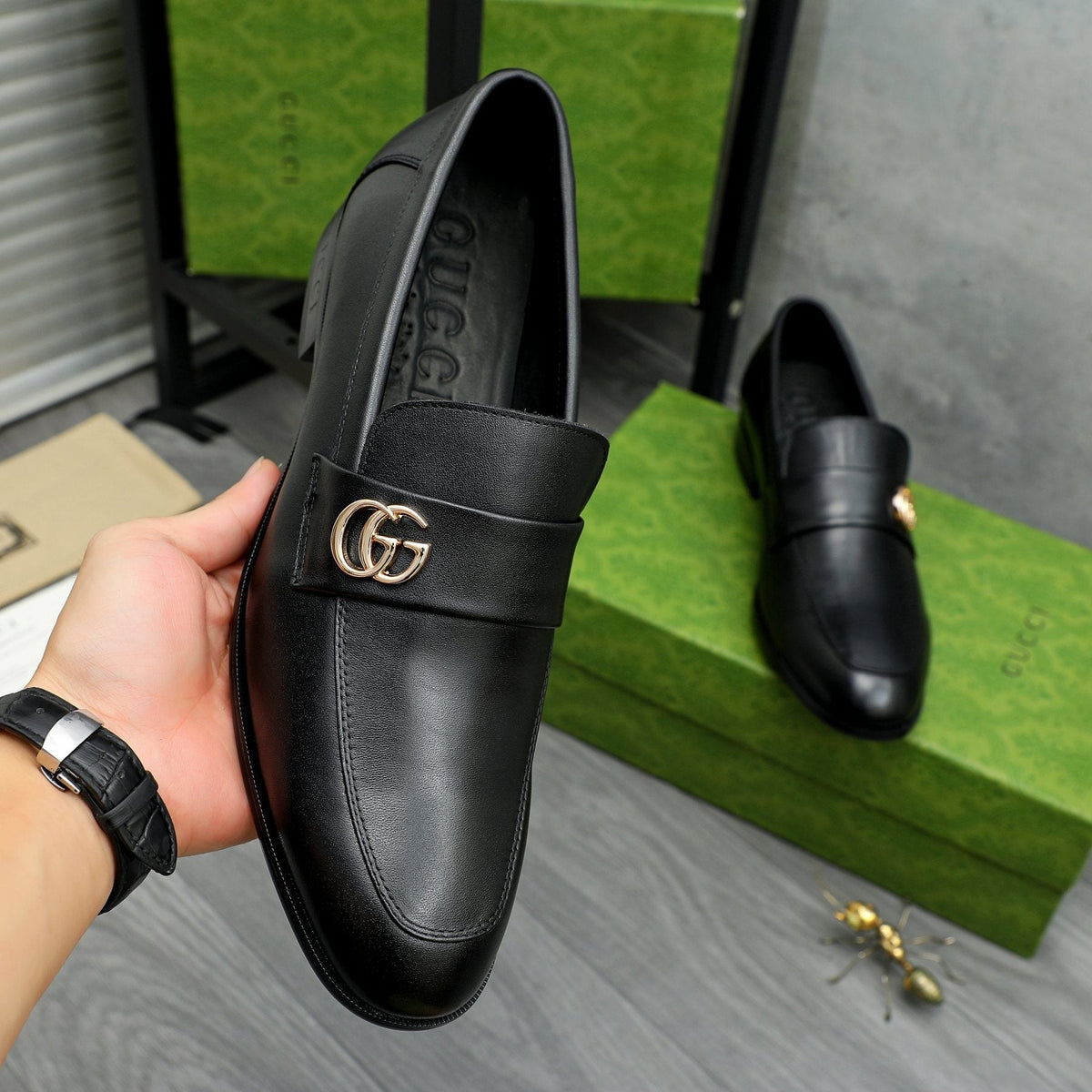 Gucci Black Loafers with Gold-Tone Hardware — model