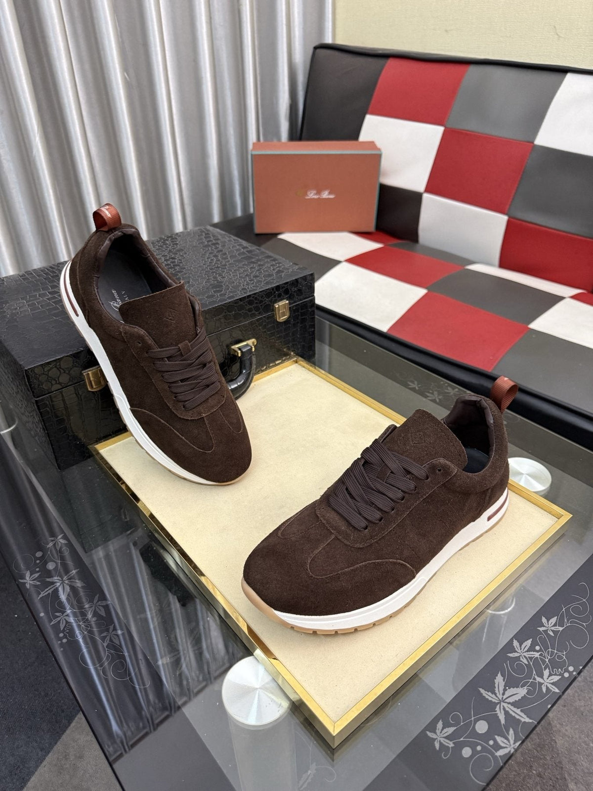 Dark Brown Lace-Up Sneakers with White Soles — front