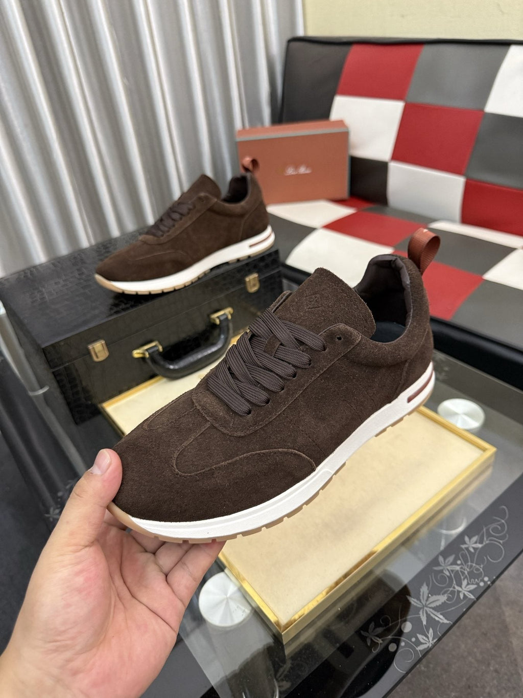 Dark Brown Lace-Up Sneakers with White Soles — model