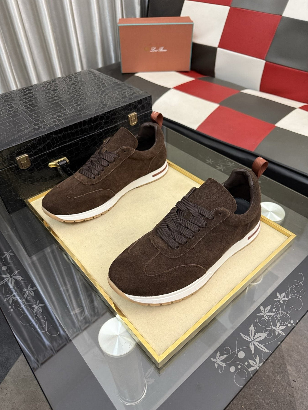 Dark Brown Lace-Up Sneakers with White Soles — front