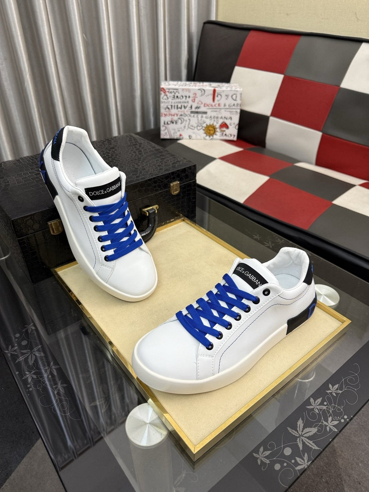 Dolce & Gabbana White Low-Top Sneakers with Blue Laces — front