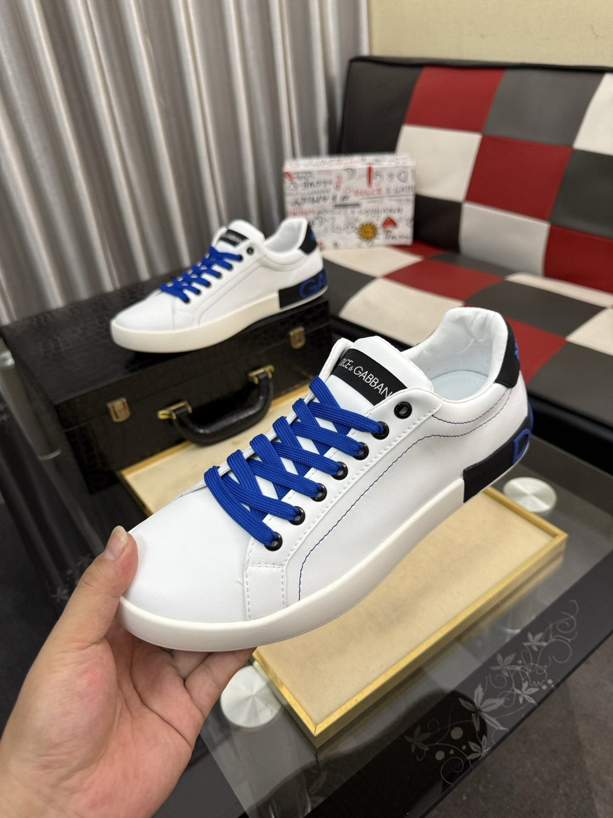Dolce & Gabbana White Low-Top Sneakers with Blue Laces — model