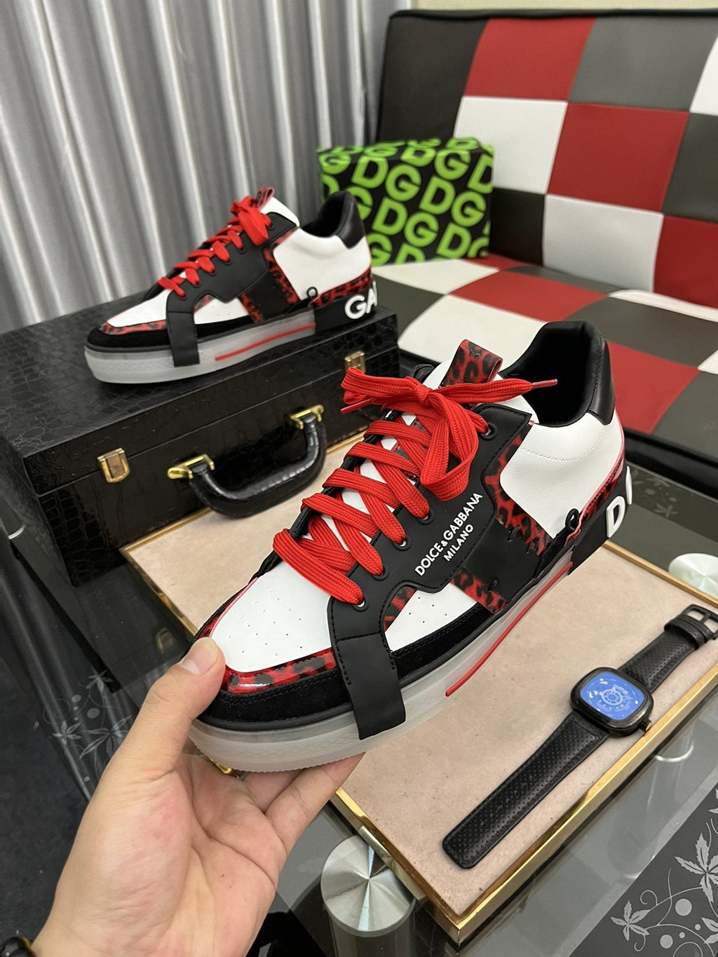 Dolce & Gabbana Men's Red-Lace Low-Top Sneakers — model