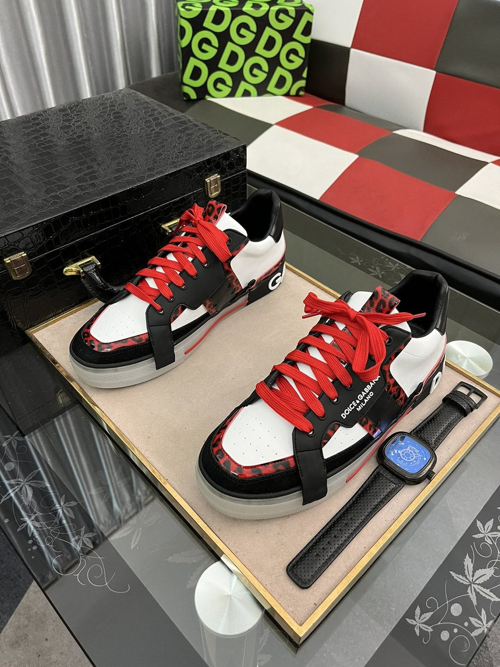 Dolce & Gabbana Men's Red-Lace Low-Top Sneakers — front