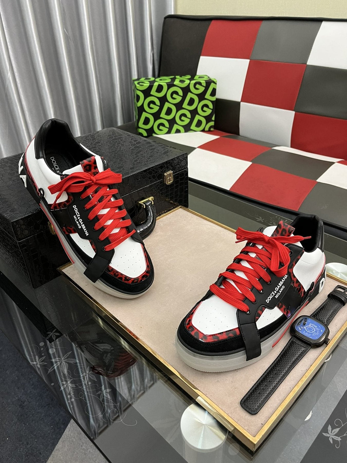 Dolce & Gabbana Men's Red-Lace Low-Top Sneakers — front