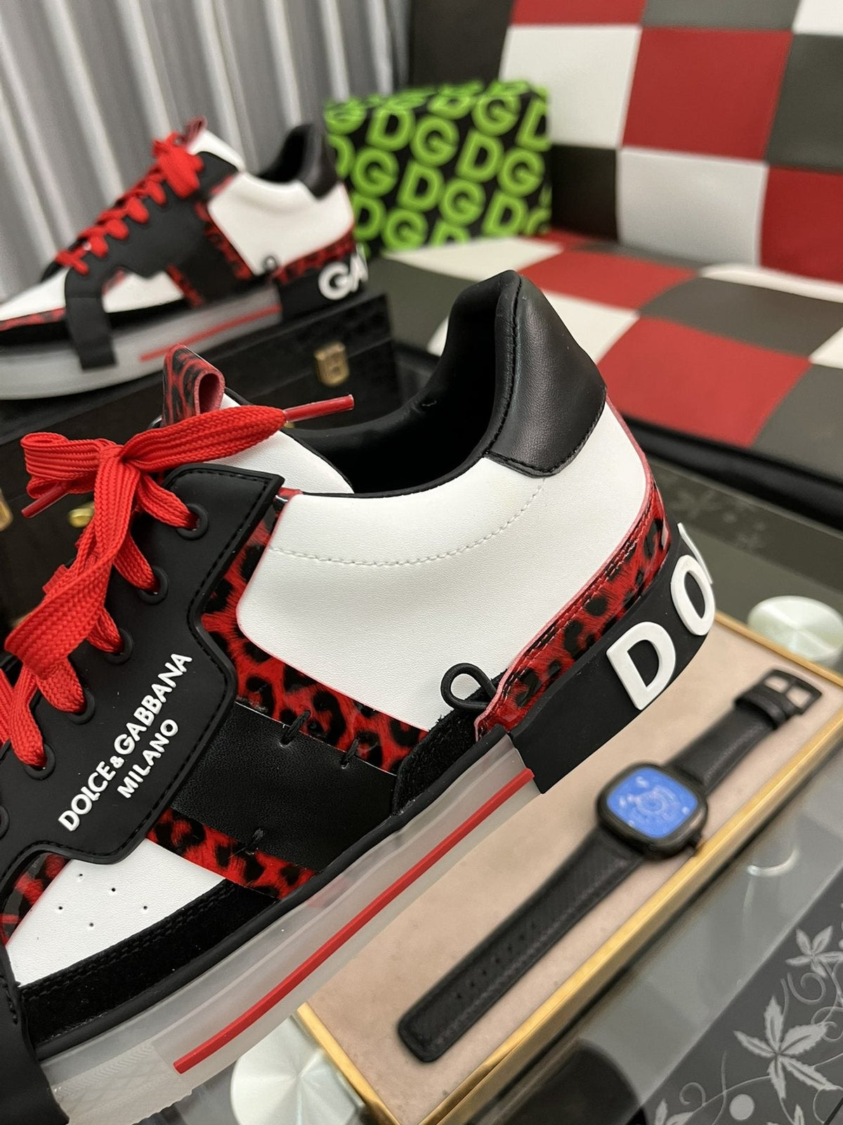 Dolce & Gabbana Men's Red-Lace Low-Top Sneakers — detail