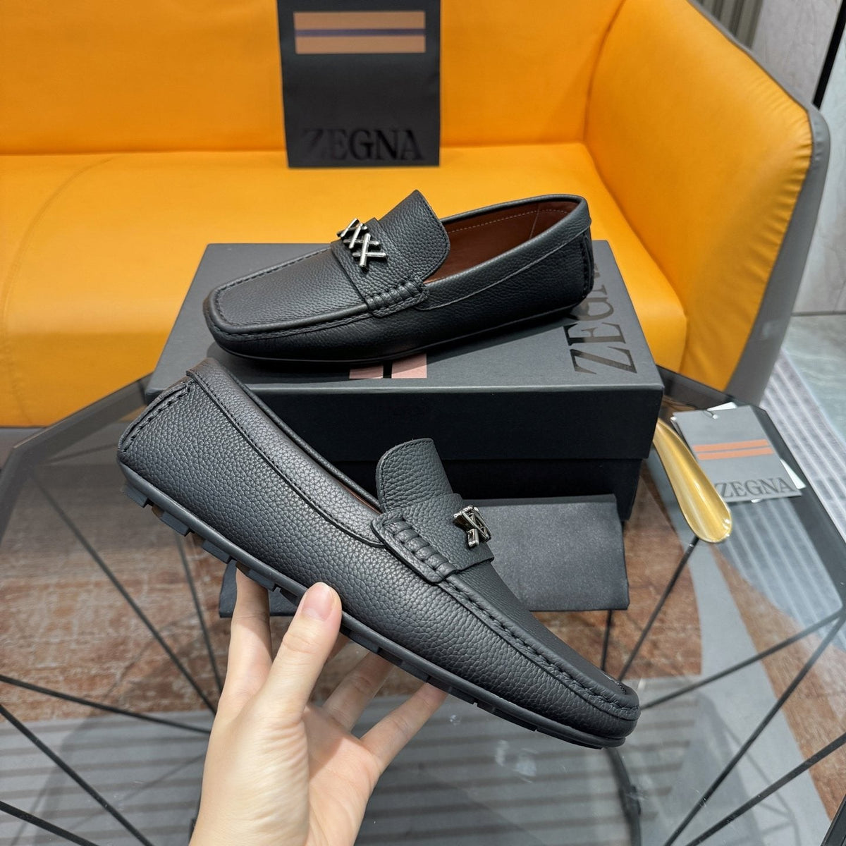 Zegna Black Cross-Stitch Driving Loafers — model