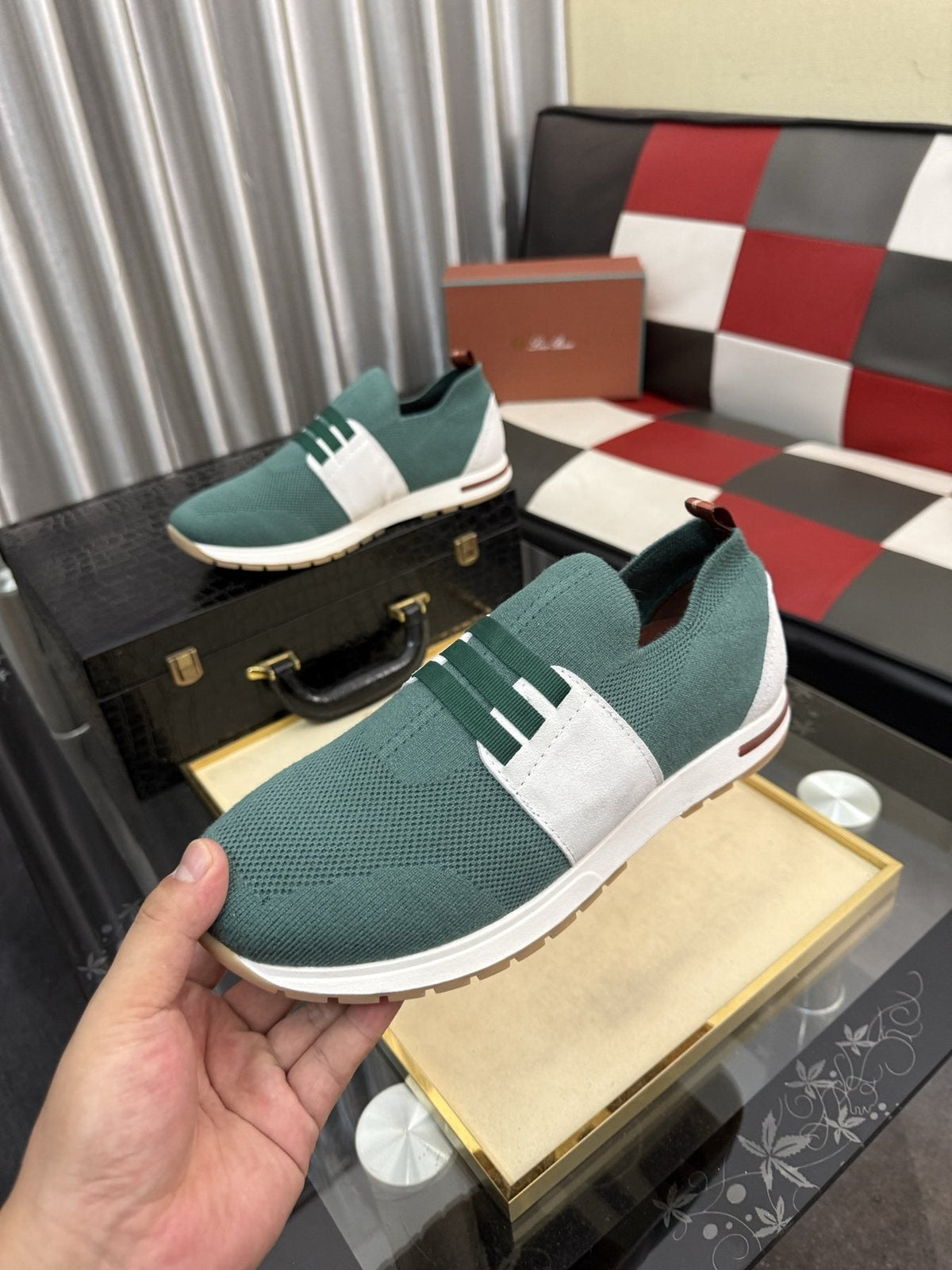 Men's Teal Green Slip-On Sneakers with White Band — model