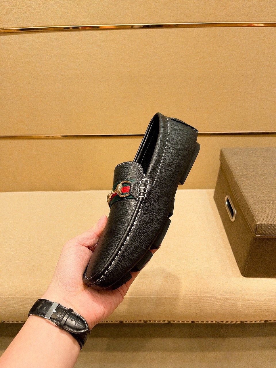 Gucci Black Loafers with Red and Green Strap — model