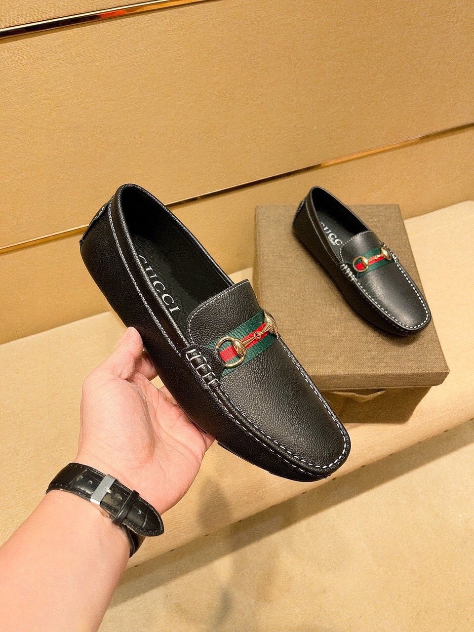 Gucci Black Loafers with Red and Green Strap — model
