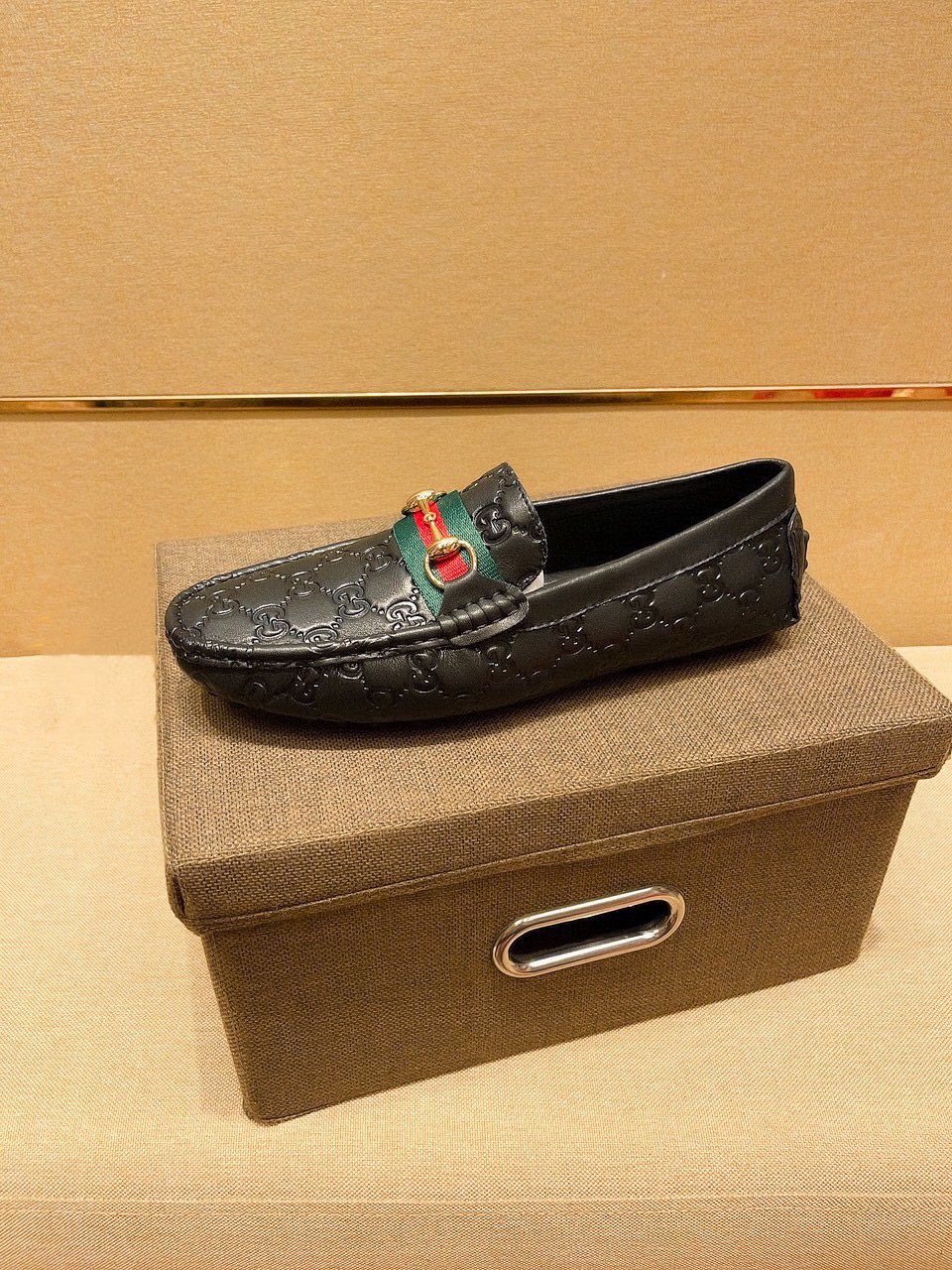 Gucci Embossed Loafers with Green and Red Band — front