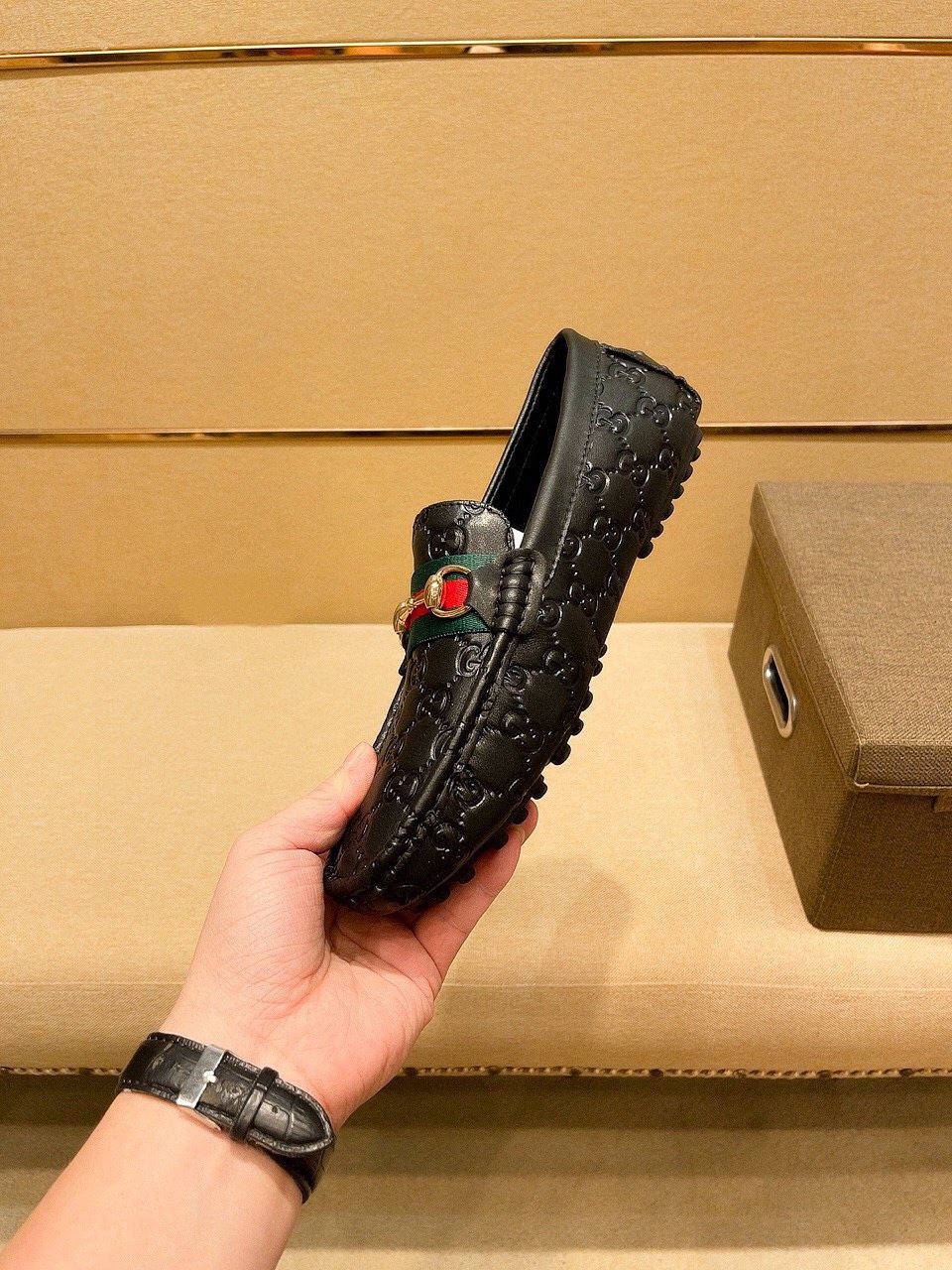 Gucci Embossed Loafers with Green and Red Band — side