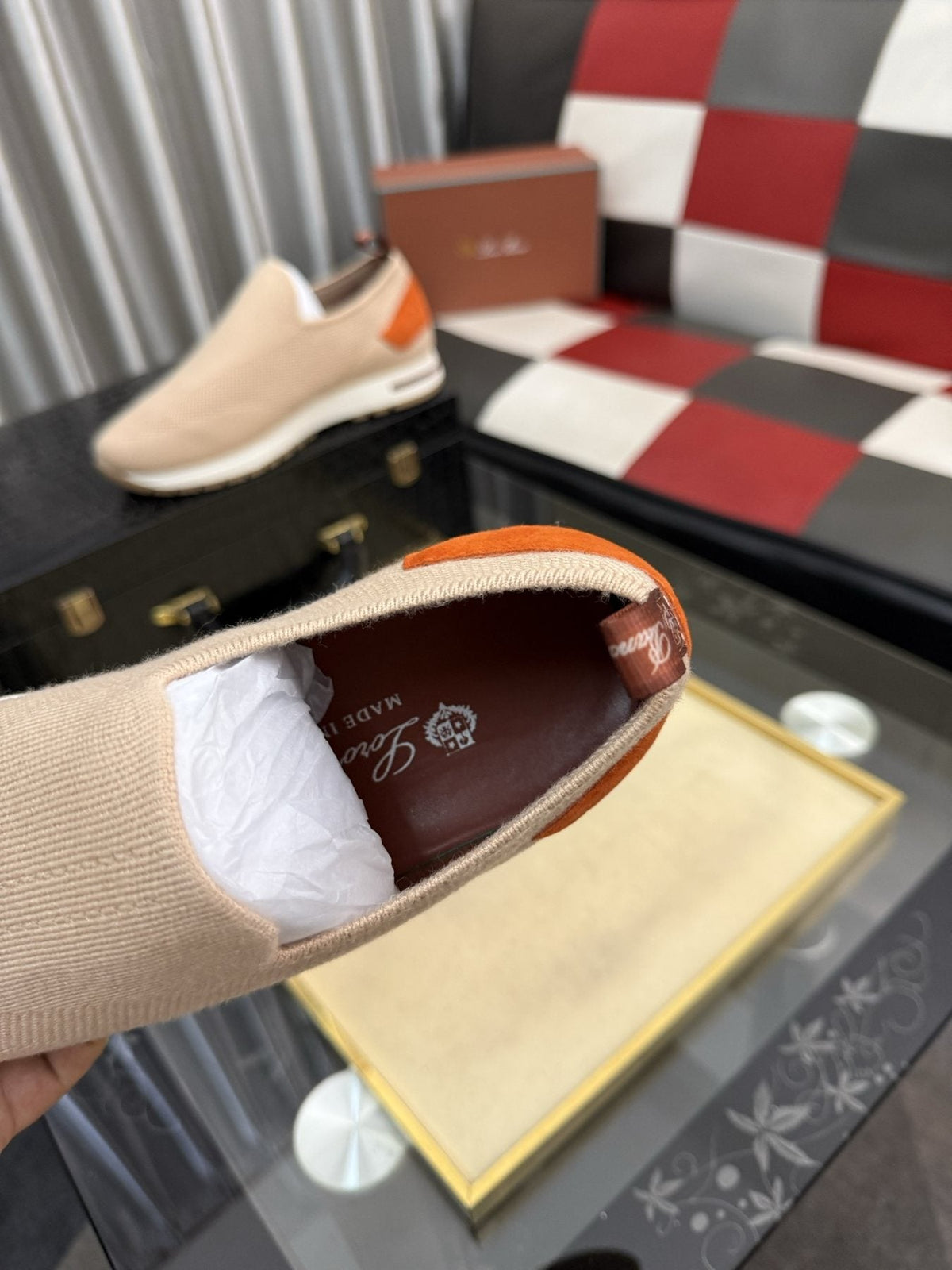 Men's Beige Slip-On Sneakers with Orange-Brown Heel Accent — detail