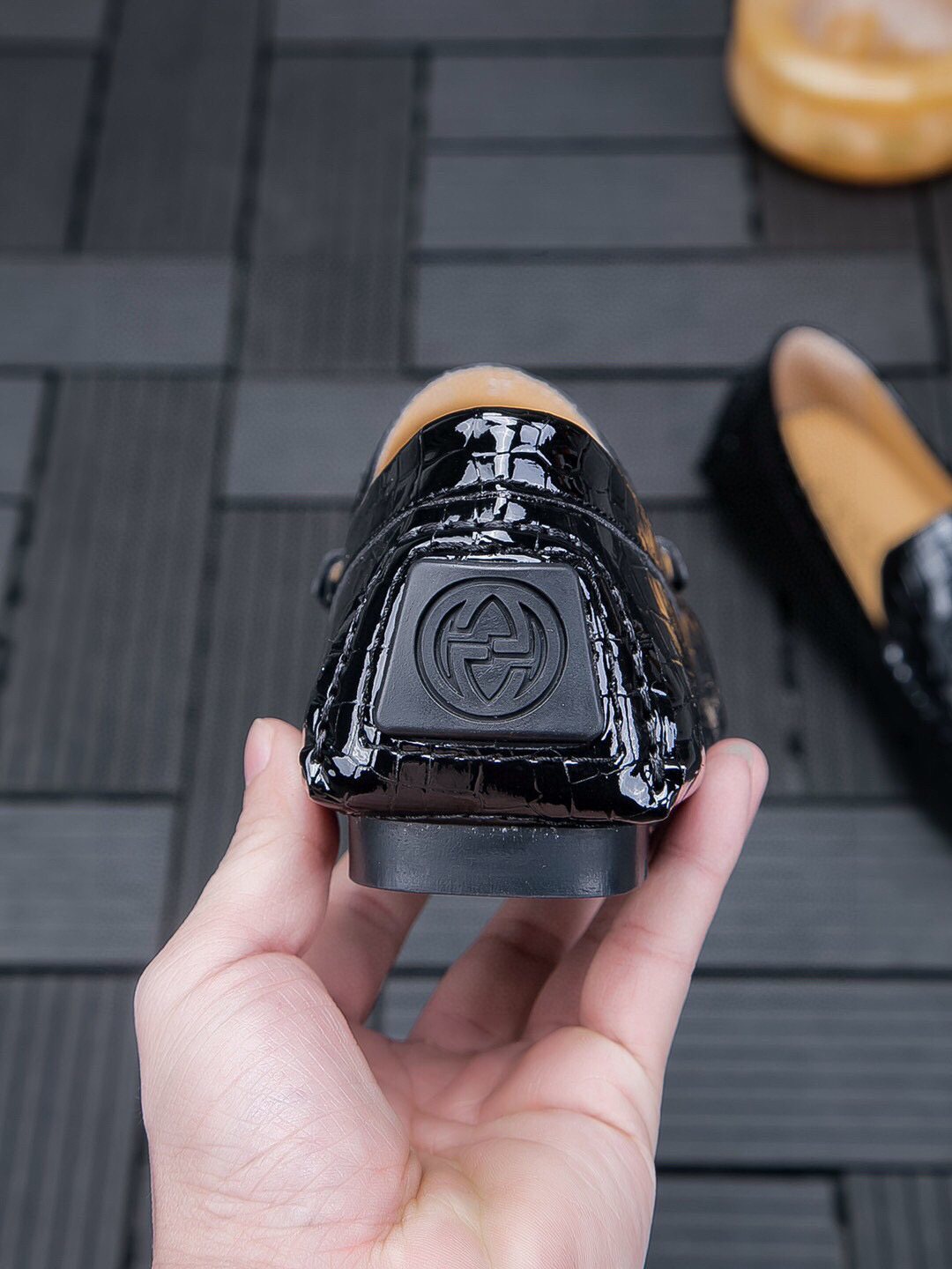 Gucci Black Crocodile-Pattern Loafers — detail