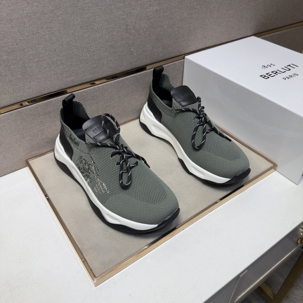 Berluti Olive Gray Lace-Up Sneakers — front