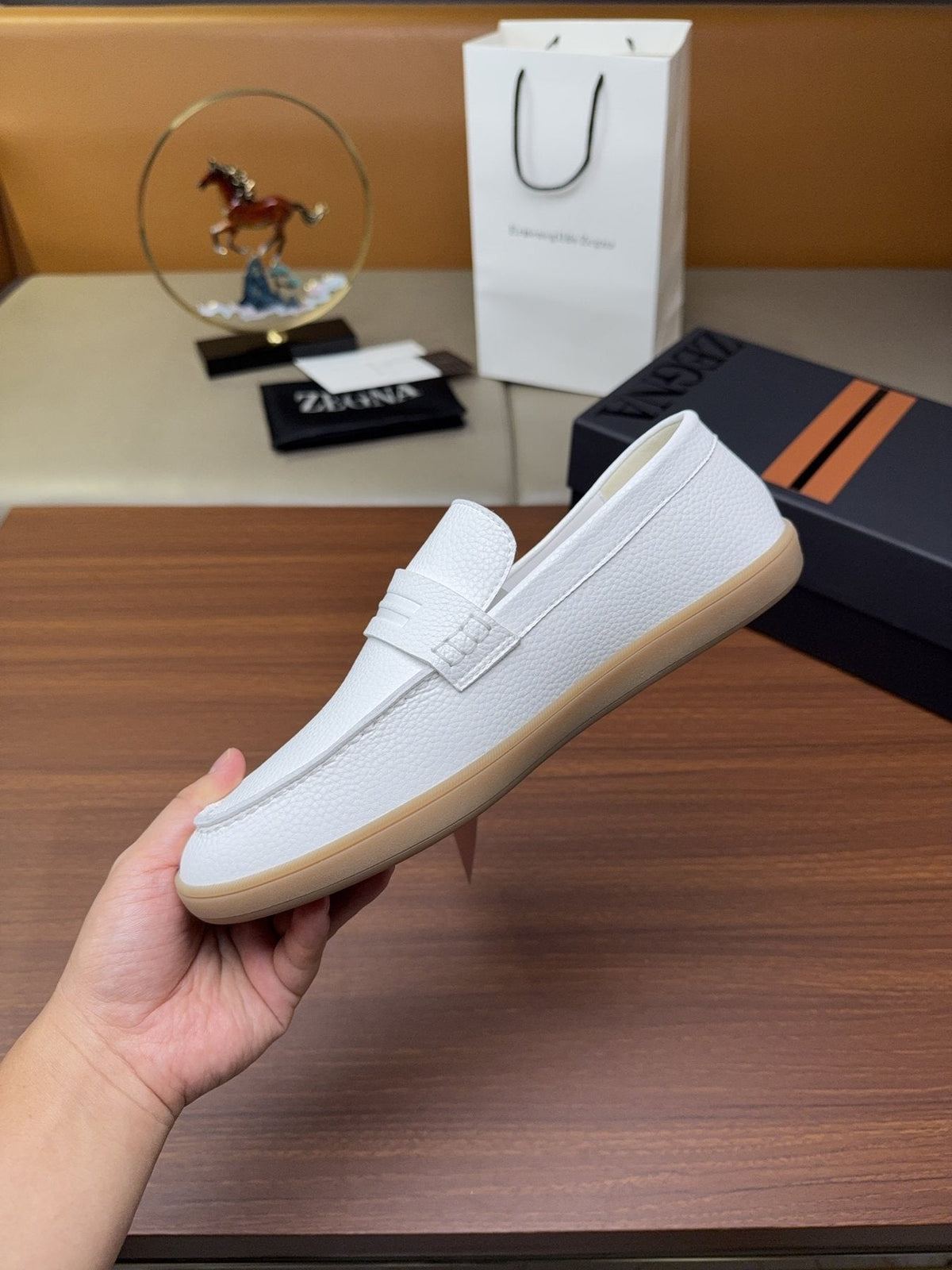 Zegna White Strap Loafers — model