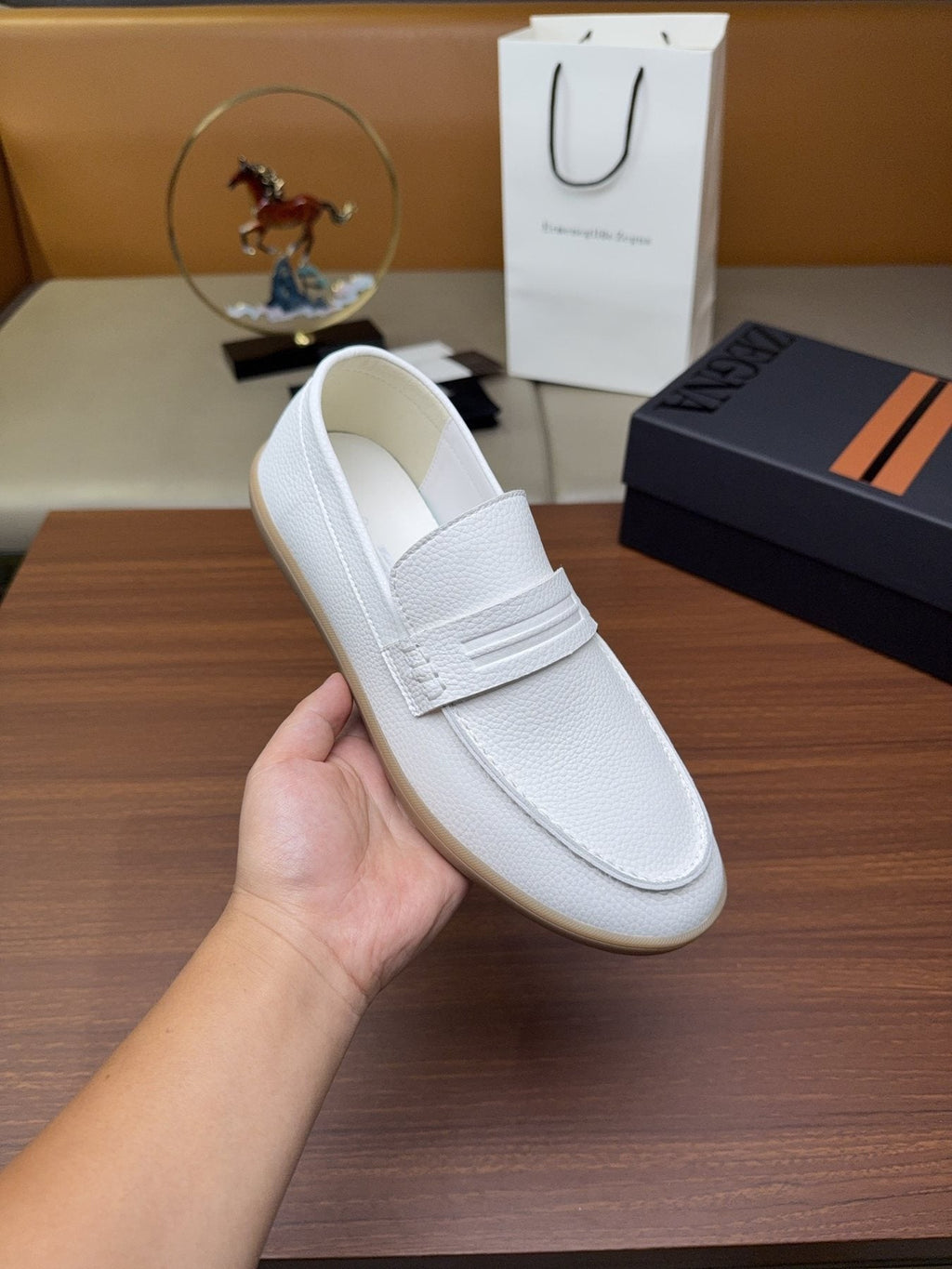 Zegna White Strap Loafers — model