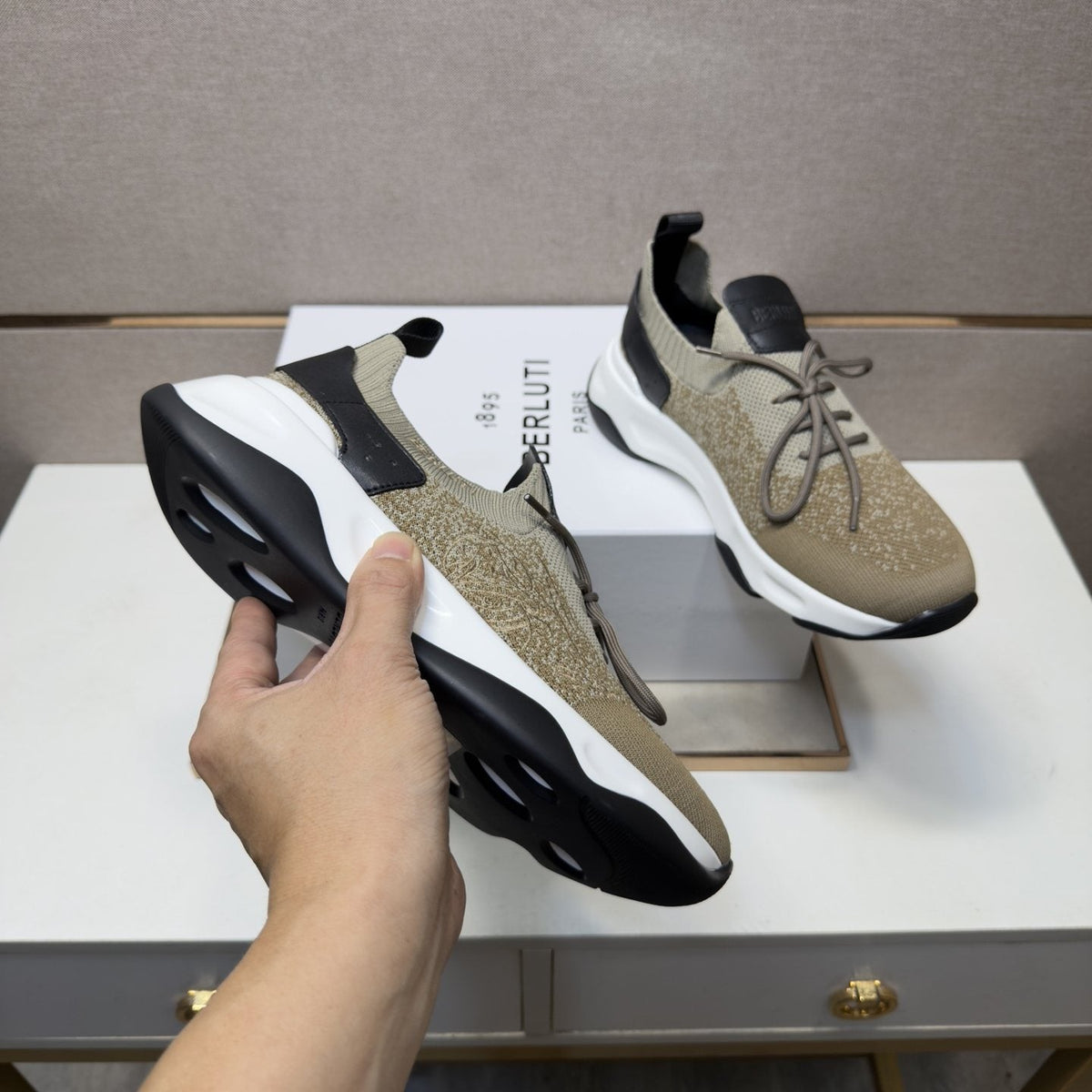 Berluti Olive Taupe Lace-Up Sneakers — model