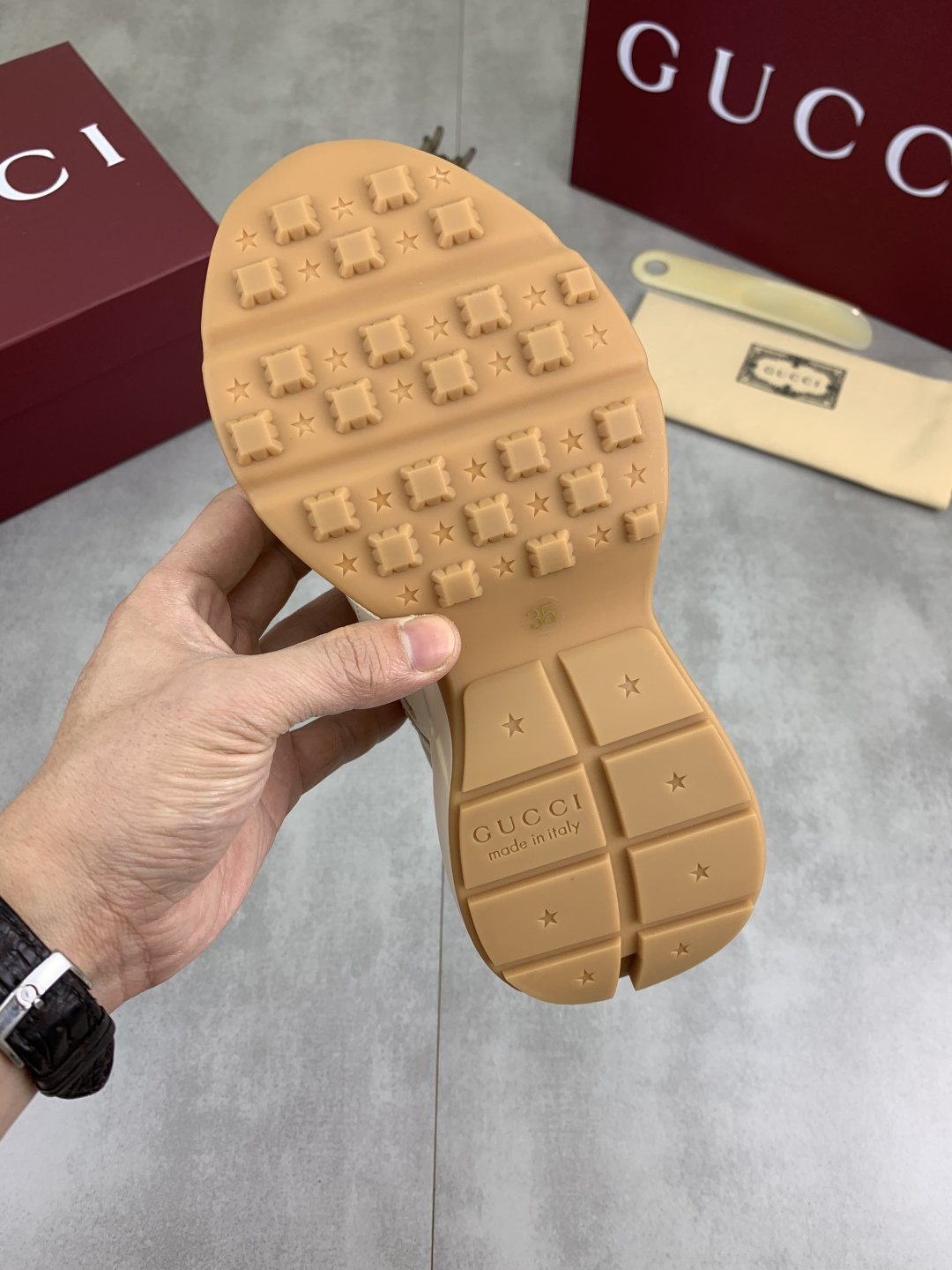 Gucci Cream Chunky Sneakers with Black Accents — detail