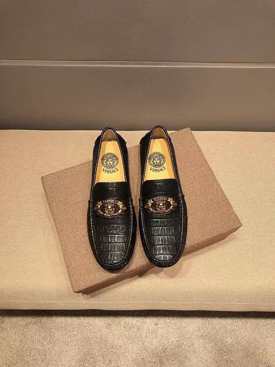 Versace Black Textured Loafers — hero
