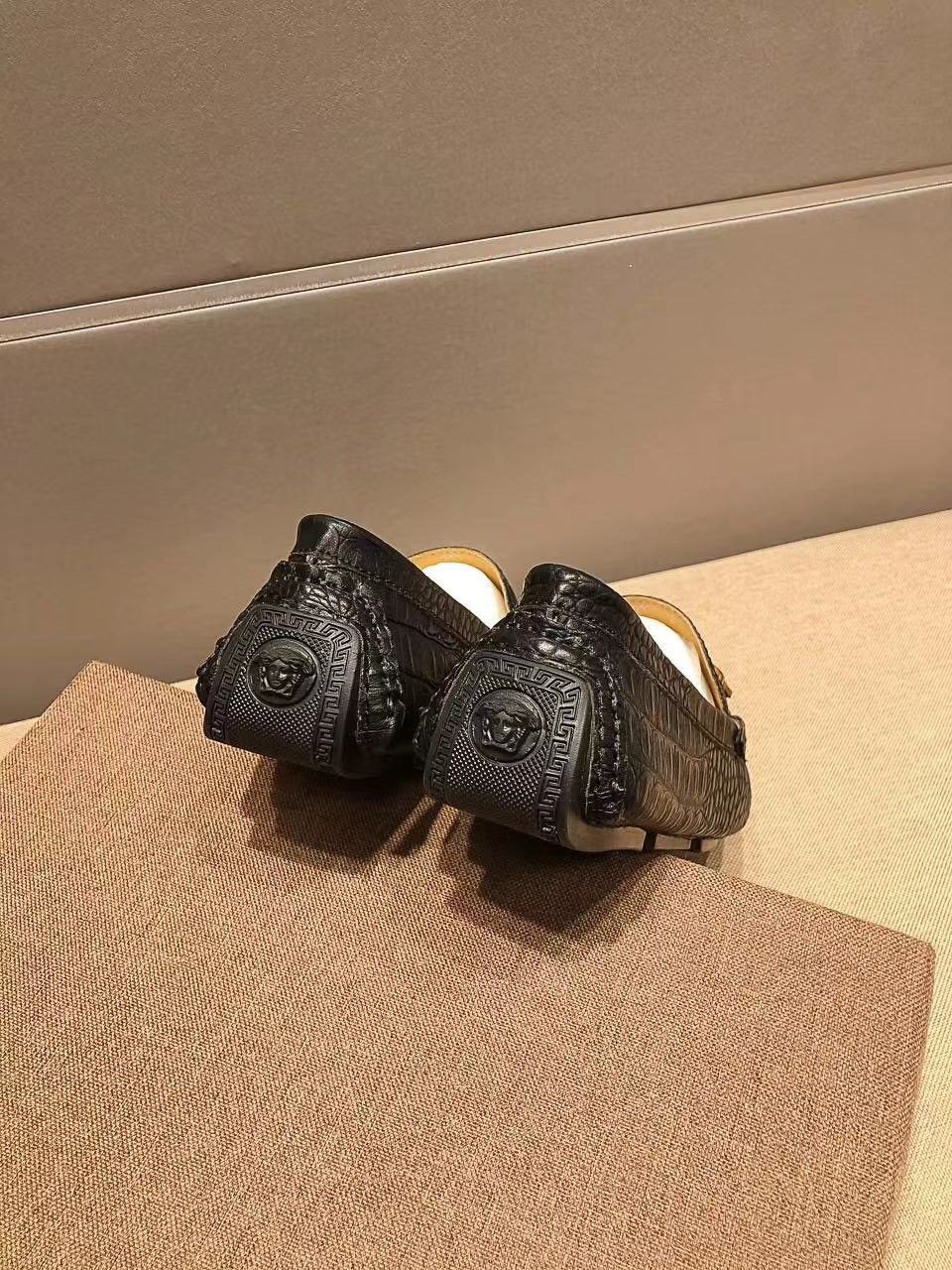 Versace Black Textured Loafers — back