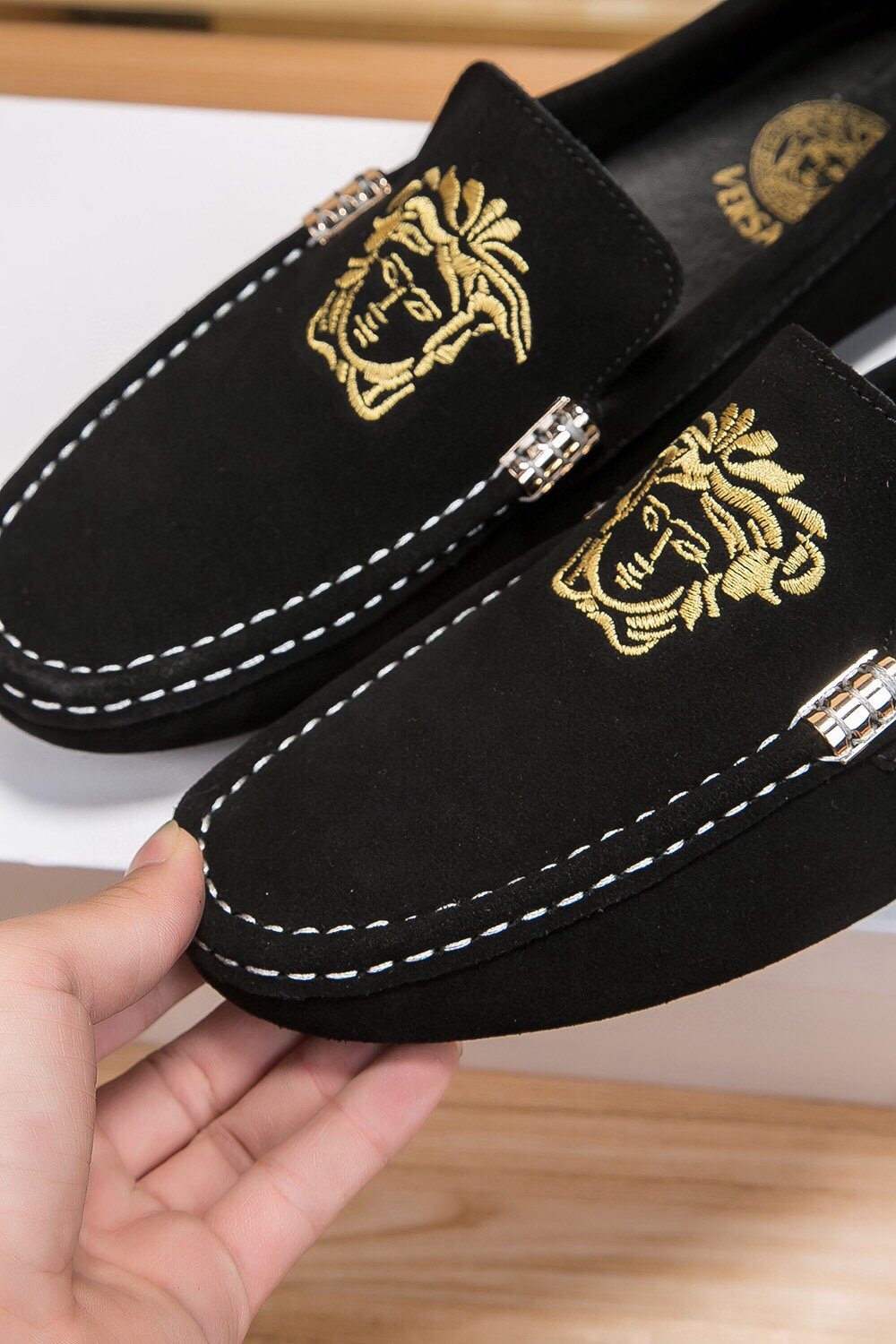 Versace Men's Gold-Embroidered Loafers — detail