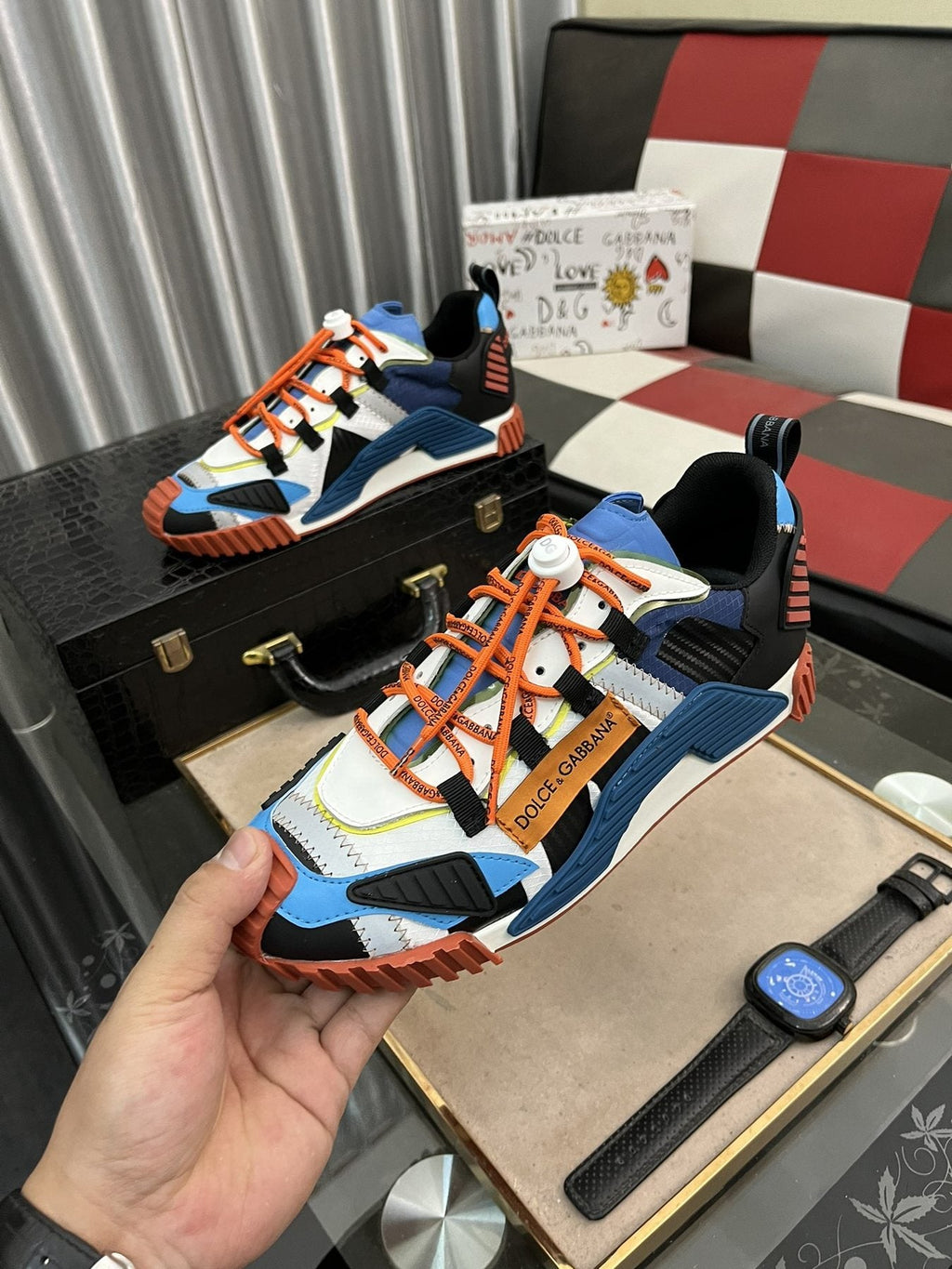 Dolce & Gabbana Colorblock Sneakers with Orange Laces — model