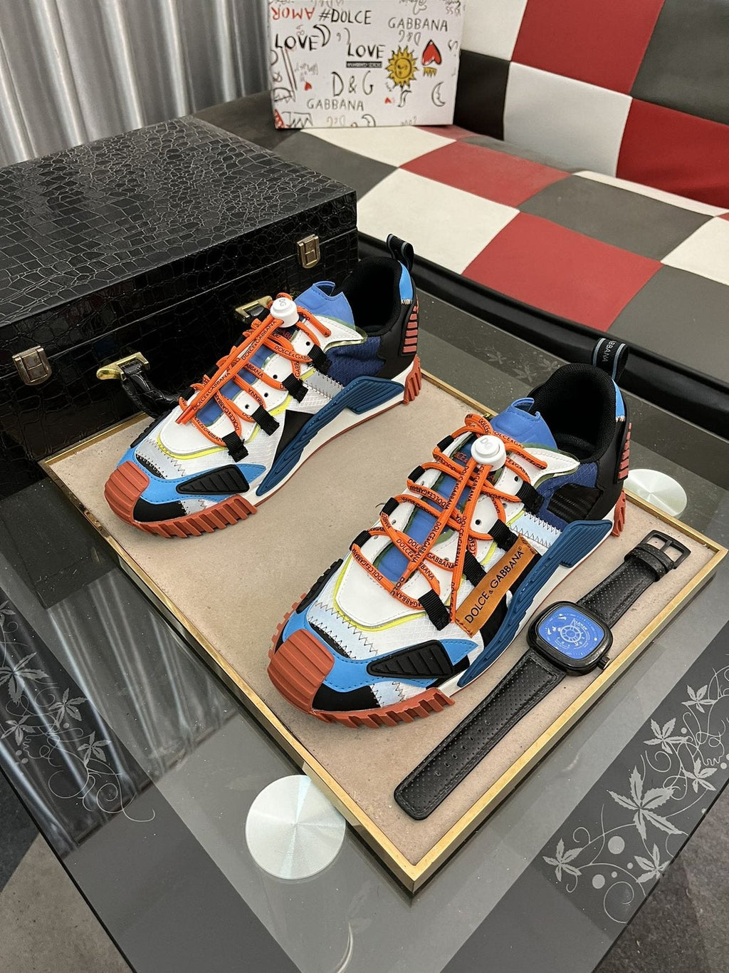 Dolce & Gabbana Colorblock Sneakers with Orange Laces — front