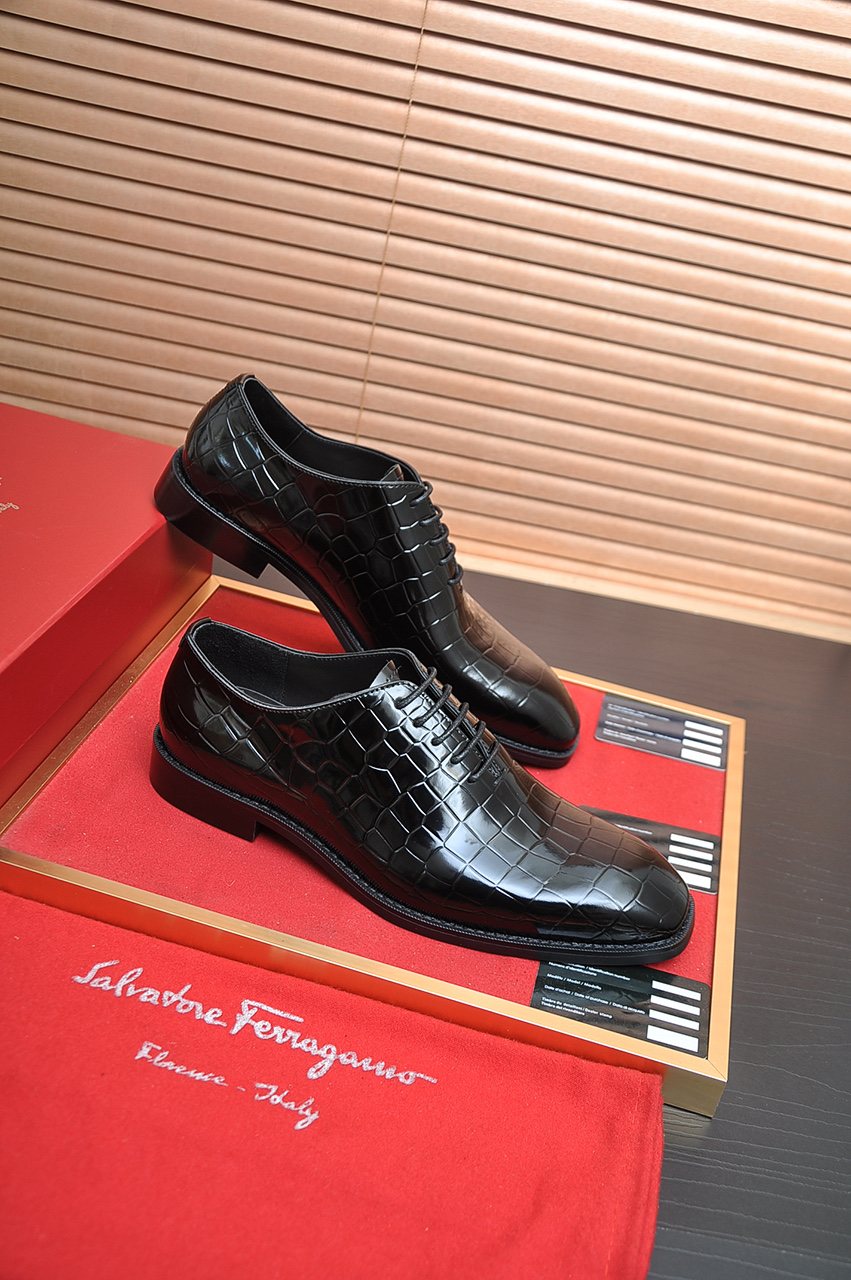 Ferragamo Black Embossed Lace-Up Dress Shoes — front
