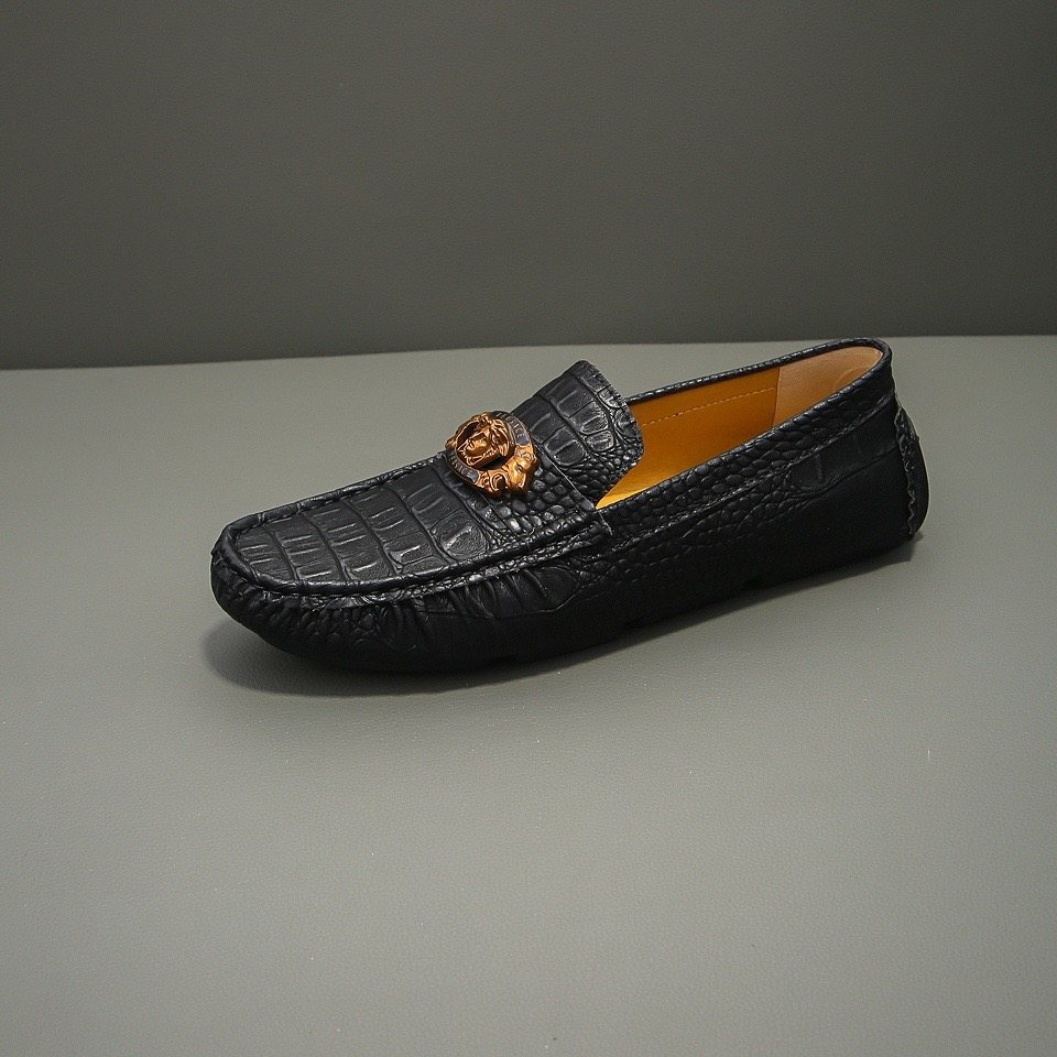 Men's Black Textured Loafers with Gold-Tone Ornament — hero