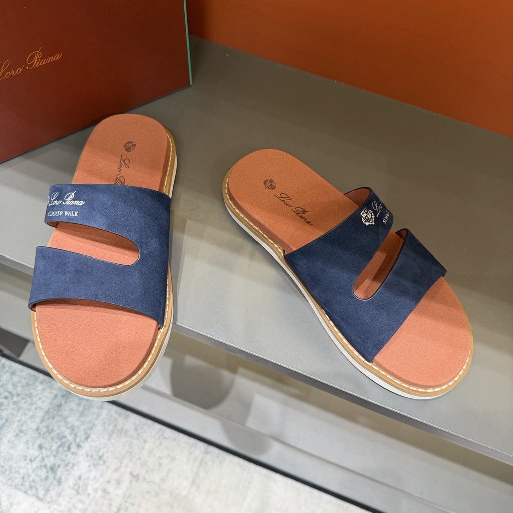 Loro Piana Navy Cutout Slide Sandals — front