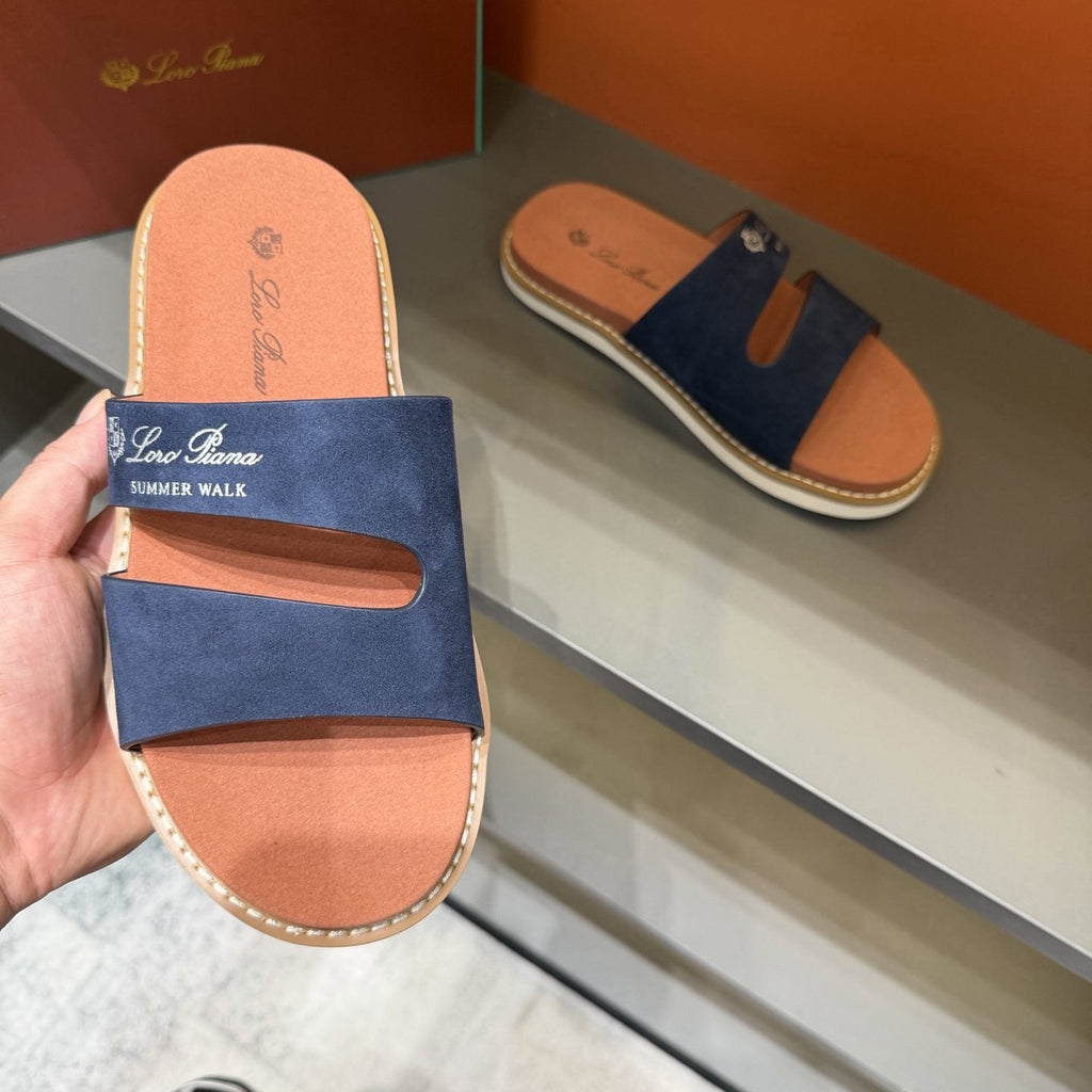 Loro Piana Navy Cutout Slide Sandals — model