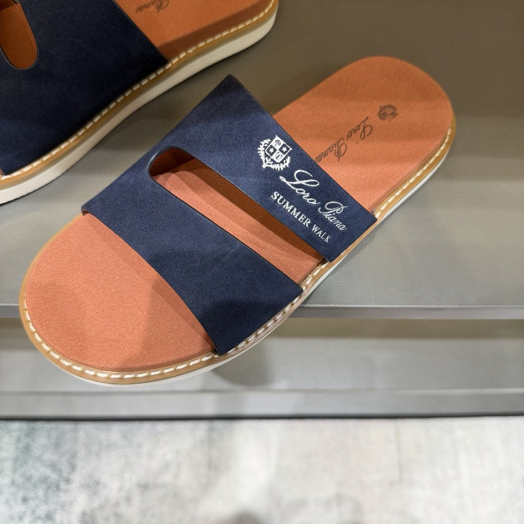 Loro Piana Navy Cutout Slide Sandals — detail