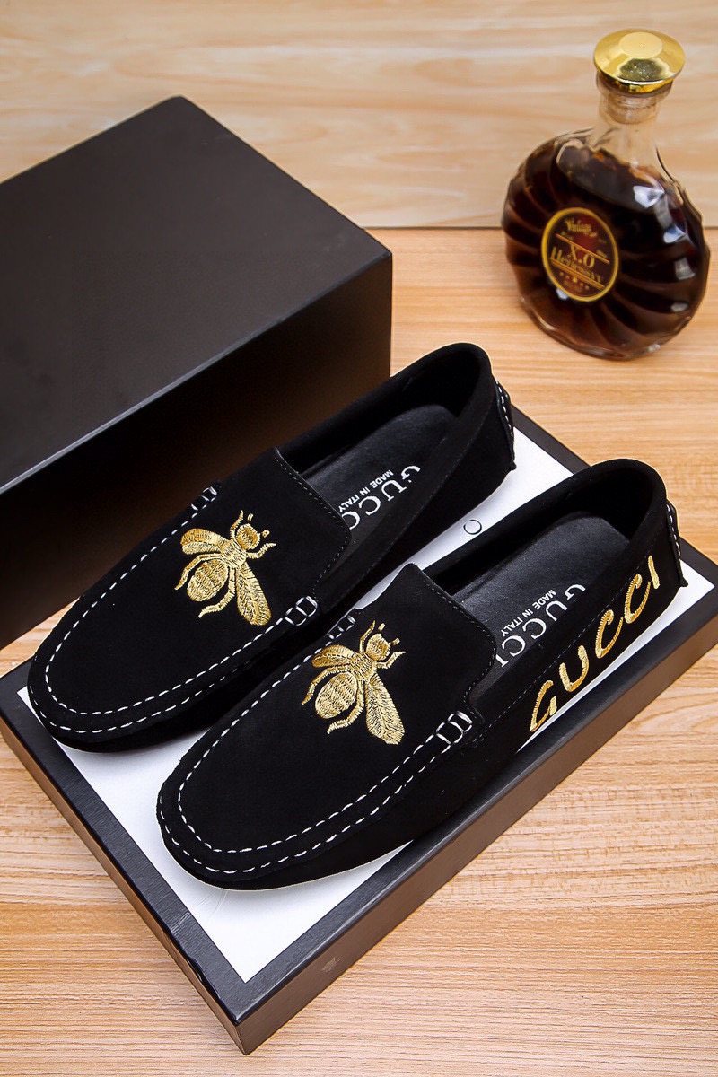 Gucci Black Loafers with Gold Bee Motifs — front